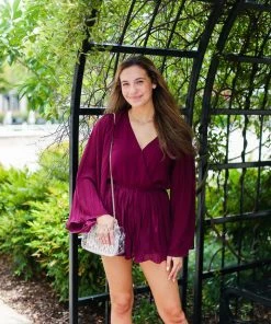 She & Sky Burgundy Red Bell Sleeve Romper Women's Clothing