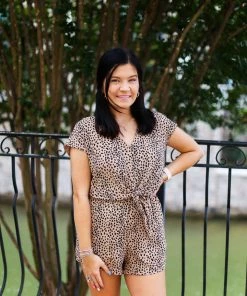 She & Sky Women's Clothing Cheetah Print Front Knot Romper