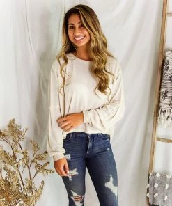 Mustard Seed Oatmeal Long Sleeve High Low Waffle Top Women's Clothing