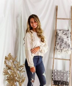 Mustard Seed Oatmeal Long Sleeve High Low Waffle Top Women's Clothing