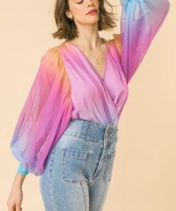 Flying Tomato Sunset Ombre Sheer Sleeve Bodysuit Women's Clothing